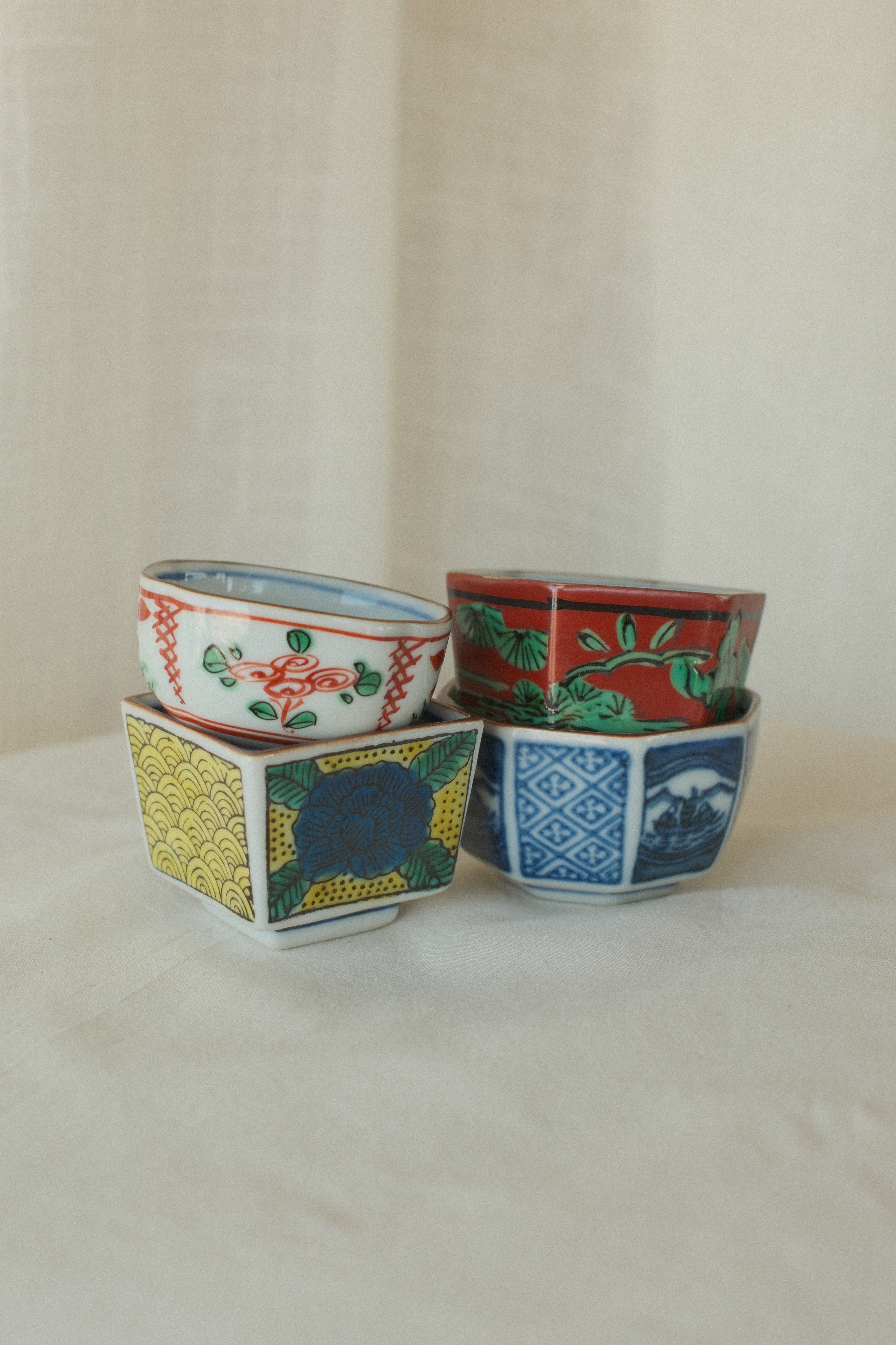 Angled Kutani Sake Cups (Set of 4)